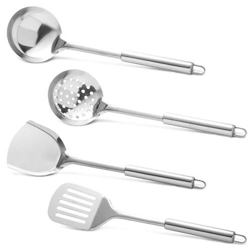 Set di 4 Utensili Cucina Acciaio Inox, Set Mestoli Cucina Acciaio Inox Composto da Spatola, Schiumarola, Mestolo e Spatola Forata, Superficie Liscia Antiaderente Facile da Pulire e Comodo da Appendere