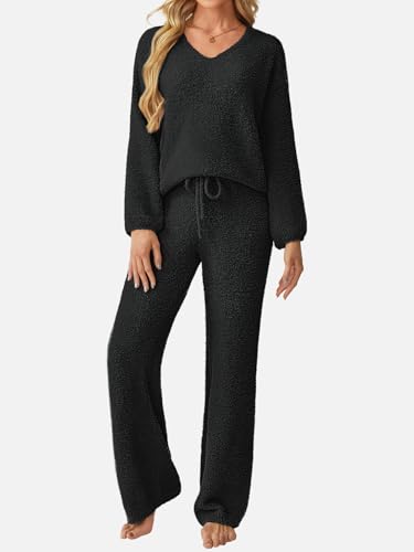 GKBK Womens 2 Piece Outfits Knit Pajama Sweater Sets Fuzzy Fleece Long Sleeve Top Wide Leg Pants Loungewear Matching Lounge Set 2026 Fall Winter Trendy Outfits Black M — view 2