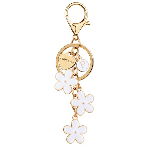 Suweibuke Initial Letter Keychain with Love You Heart, Cute Key Chain Gift for Women Girl, Charm for Keys Handbags Backpacks (White-P)