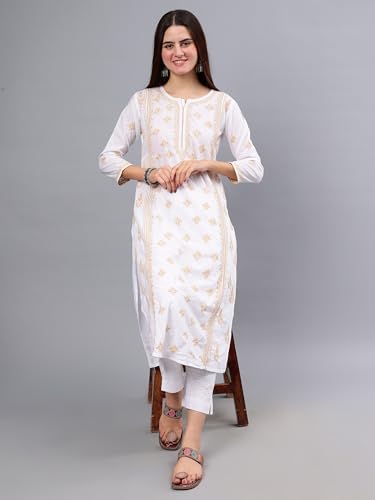 Image of Seva Chikan Hand Embroidered Lucknowi Chikankari Cotton Straight Kurta for Women SCL4567