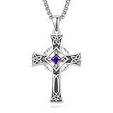 February Birthstone Cross Necklace Sterling Silver Celtic Cross Necklace for Men Irish Celtic Pendant Jewellery Gifts for Men