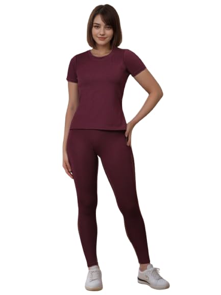 Women's Classic Casual Two-Piece Co-Ord Set, Short-Sleeve Round Neck Top with Full-Length Slim-Fit Bottoms (IN, Alpha, M, Regular, Big, WINE)-image-19