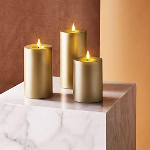 Gold Flameless Candles with Remote - Set of 3, Flickering 3D Flame, Real Wax, Batteries Included, Realistic Black Wick, LED Pillar Candle with Timer Cover