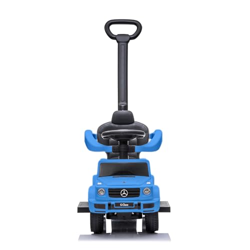 Image of Best Ride On Cars Kids Outdoor Stroller Mercedes G-Wagon 3-in-1 Push Car with Detachable Handle, Safety Rails, and Working Horn, Blue