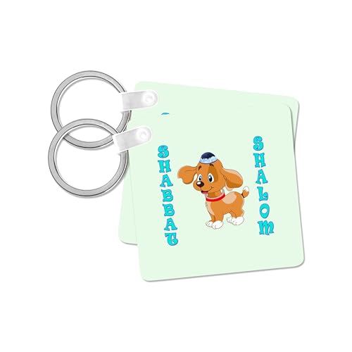 3dRose, Shabbat Shalom. Kids. Puppy wearing kippah. Israel., set of 2 Key Chains