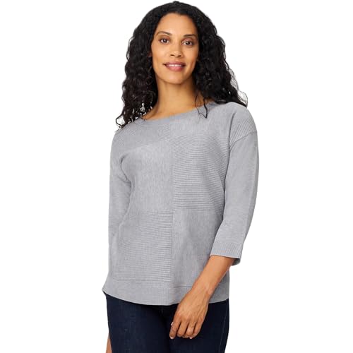 Cable & Gauge Women’s Rib Stitch Detail Midweight Sweater Top with Long Sleeves Heather Grey