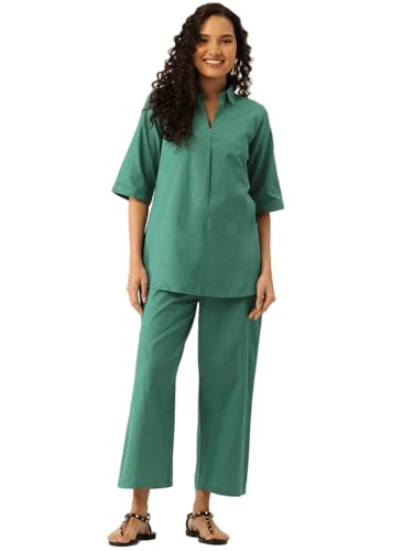 Image of Amazon Brand - Tavasya Women Solid Shirt Collar Co-Ord Set | Cuff Sleeve | 2 Piece Summer Outfits | Casual