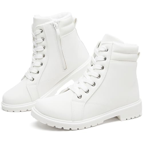 Rominz White Snow Boots for Women Black Winter Ankle Bootie with Warm Faux Fur Lining & Zipper Non-Slip Waterproof Boot(White,US8)