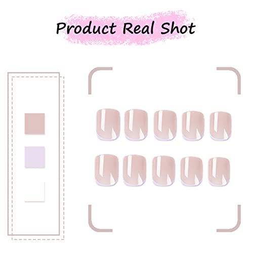 French Tips Press On Nails Short, Purple Line Fake Nails With Design Square Nude Acrylic False Nail Kits Stick Glue On Nails Sets For Women Reusable Full Cover Gel Nails For Holiday Gift 24Pcs #TOP5