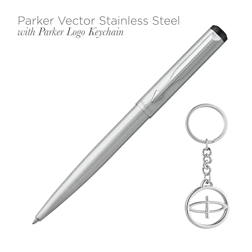 Image of Parker Vector Stainless Steel Chrome Trim Ball Pen and Silver Key Chain, Blue Ink, Fine Point - Gift Set for Professionals, Executives, and Students