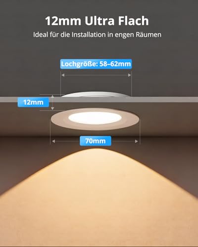 Gr4tec 6er Set LED Einbaustrahler 12V Dimmbar, IP44 Alu LED Spot Warmweiß 3000K 84Ra 3W, Möbeleinbauleuchte Ultra Flach 12mm, Loch 58-62mm, 12V Deckenspots für Wohnwagen Wohnmobil Boot Kleiderschrank