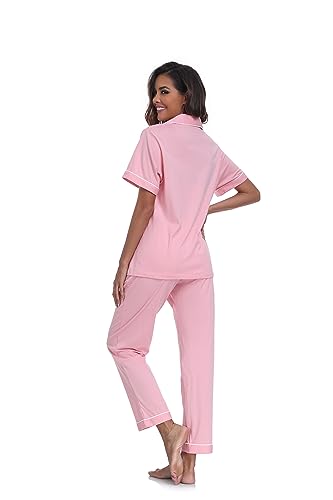 Image of COLORFULLEAF Women's 100% Cotton Pajamas Set Button Down Sleepwear Short Sleeve Shirt and Long Pants Soft Ladies Lounge Sets