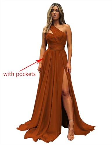 One Shoulder Chiffon Long Bridesmaid Dresses for Women with Slit A-Line Ruched Formal Gowns with Pockets ZO0203