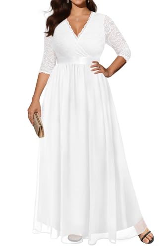 Pinup Fashion Wedding Dresses for Bride Plus Size - Formal Evening Gown Wrap Neck Lace Chiffon Long Dress