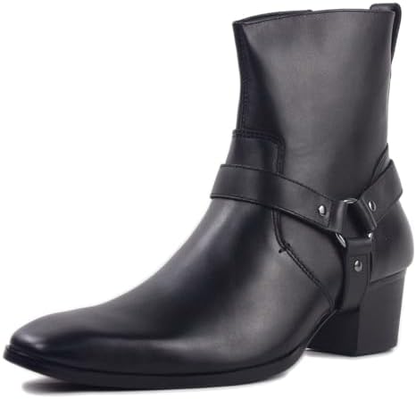 OSSTONE Heren Chelsea Enkellaarzen Leer Chukka Motorlaarzen met Zijrits Hak Retro Jurk Laarzen OS JY016 blck 10.5 R