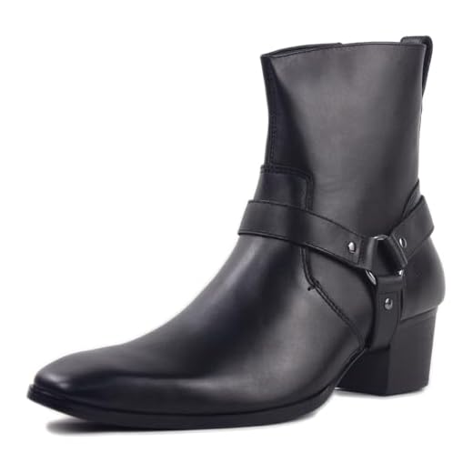 OSSTONE Bota social masculina de couro Chukka Designer Botas casuais de salto com zíper OS-JY002-US, Preto com cinto, 45