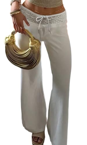 Women Summer Crochet Knit Pants Y2k Low Waist Drawstring Cover Up Pant Sexy Wide Leg Stretchy Hollow Out Beach Pants