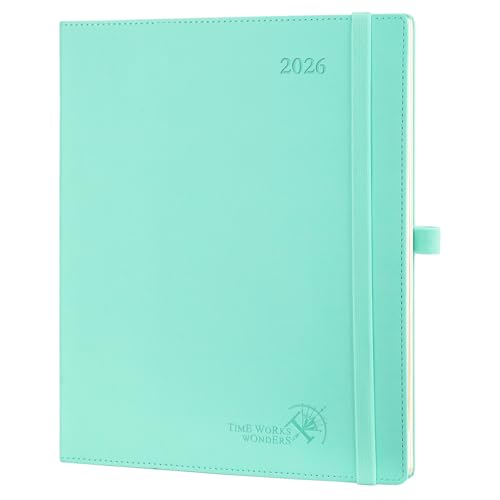 POPRUN 2026 Diary Week to View Large (26.5x21.5 cm) PU Leather Soft Cover Vertical Weekly Appointment Diary 26 Planner, Monthly Tabs, 100GSM Paper (Mint Green)