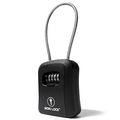 Iron Lock® Key Lock Box Portable with Cable Shackle & Wall Mount – Waterproof Metal Lock Box for Keys with 4-Digit Combination & Resettable Code – Indoor/Outdoor Key Safe (Black, Medium)