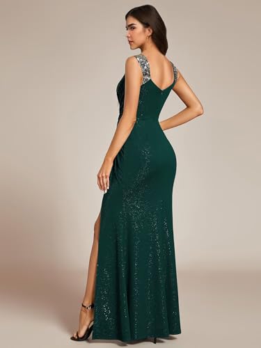 Elastic Satin Sleeveless Formal Ball Gowns for Women V Neck High Split Sequins Prom Dress2