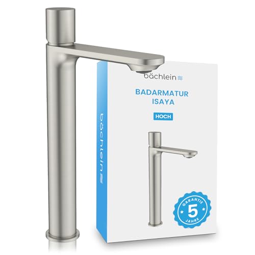 Bächlein Badarmatur Isaya hoch in modernem Design, extra hoher Einhebelmischer für Aufsatzwaschbecken mit Montage-Set, Bad Wasserhahn Edelstahl gebürstet