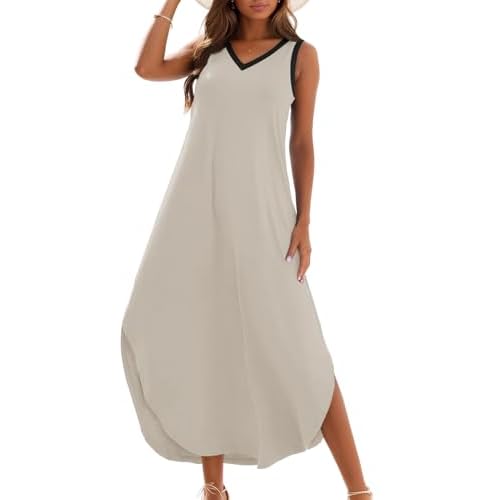 Zilcremo Women's Summer Casual Loose Sundress Long Dress Sleeveless V Neck Split Tshirt Maxi Dresses Small Khakiblack