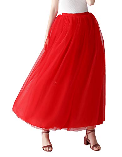 Aivtalk - Jupe Plissée Tutu Longue Femme Fille Mousseline Élégant 5 Couches Danse Soirée, Jupon Tulle Vintage Taille Élastique Dentelle Bal Fête - Rouge,Taille unique Cover