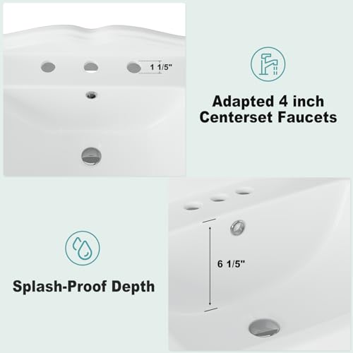 Bathroom Pedestal Sinks,Pedestal Sink 23" W X 19" D Vintage White Ceramic Pedestal Bathroom Sink With Overflow and 3 Pre-Drilled Holes - Fits 8-Inch Faucets