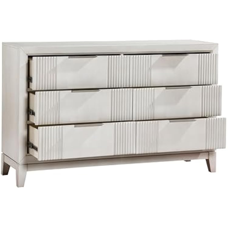Modern Bedroom Furniture 4pc Set California King Size Bed Upholstered Headboard Antique White Finish Reeded Accent