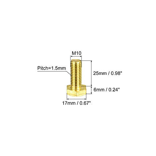 Image of uxcell Brass Hex Bolts, M10x25mm 5pcs Fully Thread Grade 4.8 Solid Brass Hexagon Head Bolt Machine Screws for Machinery