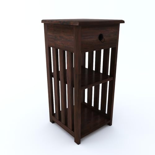 Image of Sheesham Wood Bedside Table with 1 Drawer and 2 Shelf Storage for Bedroom Living Room Office Home Furniture End Table| Sofa Side Table| Nightstand, (Walnut Finish)
