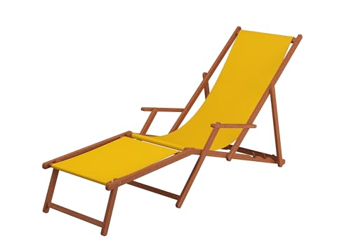 Gartenliege Liegestuhl gelb Fußablage Tisch Kissen Deckchair Holz Sonnenliege Buche 10-302FTKH
