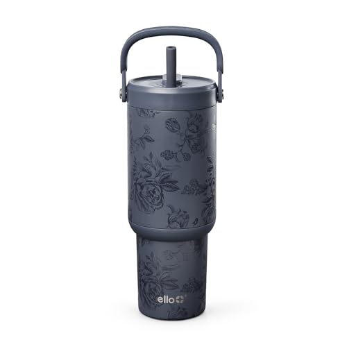 Image of Ello Oasis Go+ 26oz Tumbler with Top Handle and Retracting Straw | Reusable Insulated Stainless Steel Cup, 100% Leakproof Water Bottle, 24 Hours Cold, Cup Holder Friendly For Travel | Rose Navy