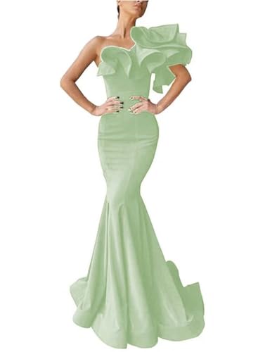 Women's One Shoulder Ruffles Satin Mermaid Prom Dresses Long Ball Gowns Formal Evening Party Gowns