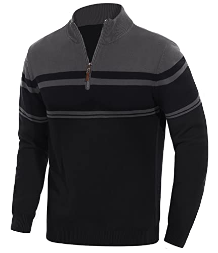 Eklentson Sweaters For Men Turtleneck 1/4 Zip Up Striped Lightweight Sweatshirts Black Dark Grey #TOP23