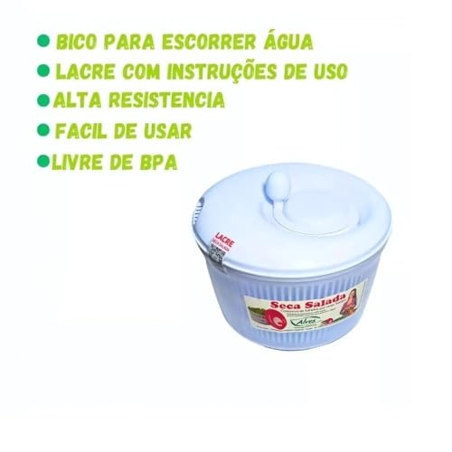 Secador Salada 4,5L Com Tampa Giratória e Cesto Removível Livre de BPA Ideal Para Higienizar e Armaz