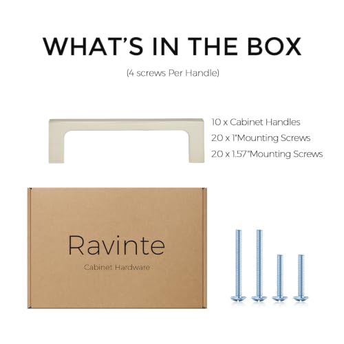 Image of Ravinte Brushed Nickel Kitchen Cabinet Solid Handles,3-1 /2 Inch,10 Pack | Solid Zinc Alloy, Modern Slim Style, Square Design, Deep-Thread Firm Base, Screws Included, for Kitchen Drawers & Cupboards