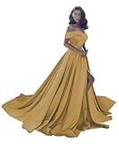 Off Shoulder Satin Prom Dresses Ball Gown Plus Size Formal Dresses for Women Wedding Dress with Slit,Gold Size 18