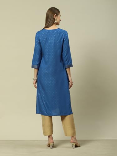 Image of Rangriti Blue Liva Straight Printed Kurta for Women