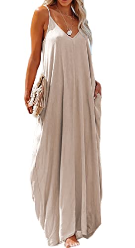 Image of R.Vivimos Women's Summer Casual Adjustable Spaghetti Strap V Neck Boho Loose Fit Backless Maxi Dress with Pockets