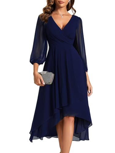 Ever-Pretty Robe de Soirée Femme A Line High Low Col V 3/4 Manches pour Mariage Chic Bleu Marine 42