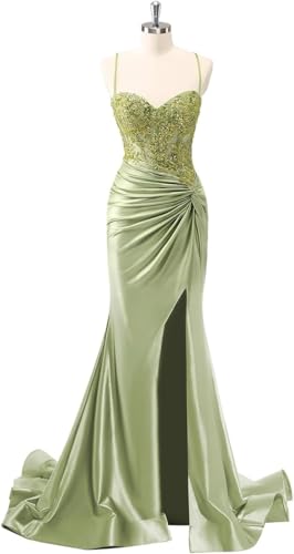 Women Mermaid Beads Prom Dress with Slit Satin Bridesmaid Dresses Long Spaghetti Strap Evening Formal Party Gown2