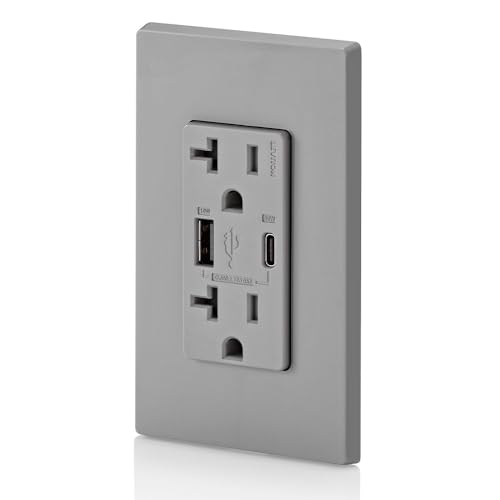Image of Leviton T5834-G 60W (20V@2.5A+ 5V@2A) USB Dual Type A /Type-C Power Delivery in-Wall Charger with 20A Tamper-Resistant Outlet, USB Charger for Smartphones, Tablets, Laptops, Gray