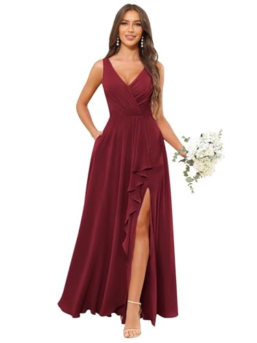 HYY Women's Chiffon Bridesmaid Dresses 2025 with Pockets Long Slit Wedding Guest Dress Formal Evening Gowns