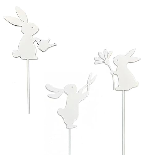 Gartenstecker Weiß, 3er-Set Kaninchen Modern Gartendeko Für Draußen & Herbst DEK, Metall Cortenstahl Deko Garten Blumentöpfe