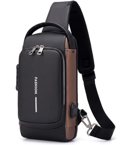 Zwolf Vault Slim Anti-Theft Crossbody Backpack for Men | Men?s Waterproof Anti-Theft Sling Bag with USB Charging Port | Compact Crossbody Chest Bag for Travel (Black & Golden)