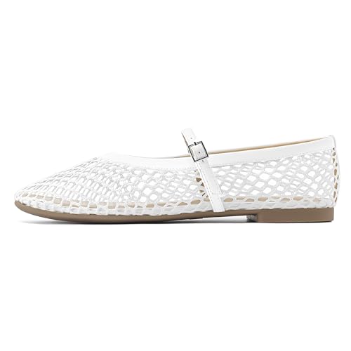Image of Rihero Mesh Ballet Flats for Women Comfortable Square Toe Ballerina Flats Buckle Strap Casual Fishnet Flat Shoes