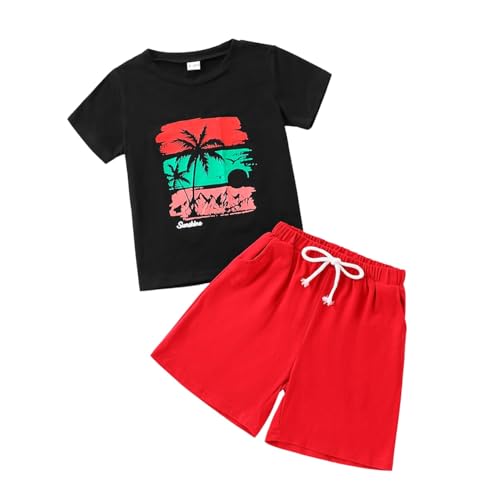 Image of Boys 2 Piece Outfits Short Sleeve Basketball Pattern T-Shirt and Shorts Summer Clothes for Kids 5-12 Years