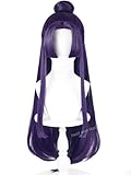 Half and Half Jinshi Cosplay Wig Long Straight Anime Dark Purple Wigs with Bangs & Bun 33'' Purple Costume Wigs Synthetic Hair for Unisex Halloween Costumes Party