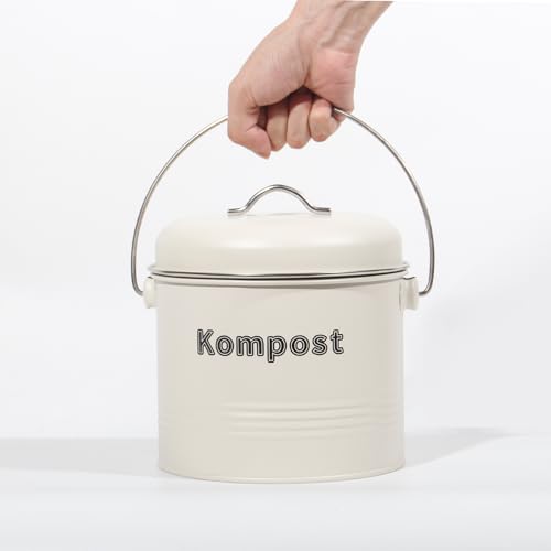 Theo&Cleo Biomülleimer Küche 3,5 L, Bio Mülleimer Geruchsdicht mit Aktivkohlefiltern, Komposteimer Metall, Biomüll Retro (Beige) – Ansicht 5